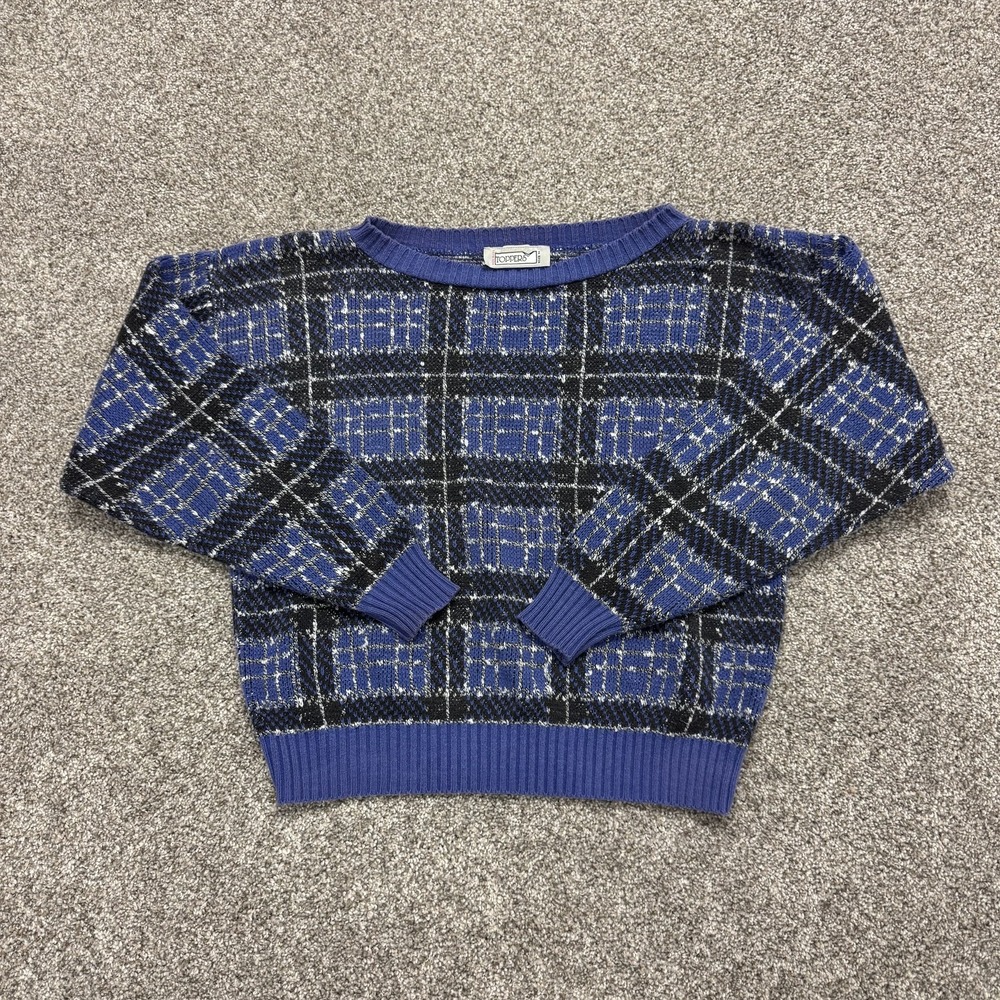 Vintage Toppers Sweater Womens M Blue Plaid Tight-Knit Long Sleeve Pullover